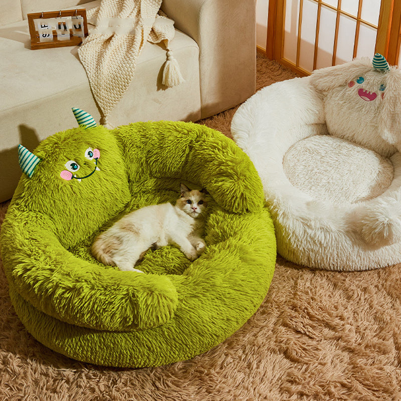 Round Velvet Cartoon Cat Bed