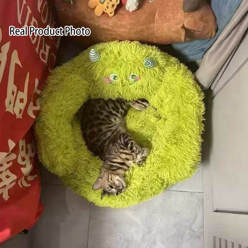Round Velvet Cartoon Cat Bed