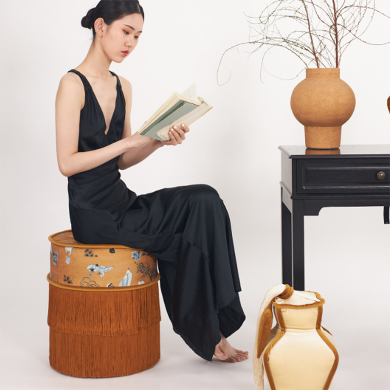Chinese Chenille Pine Wood Vanity Stool