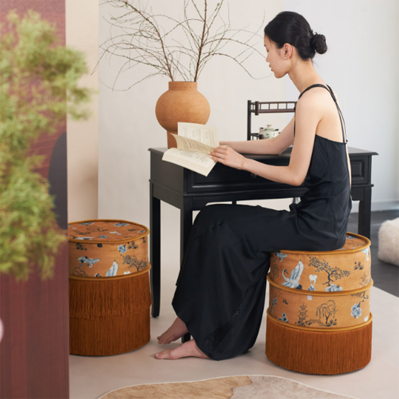 Chinese Chenille Pine Wood Vanity Stool