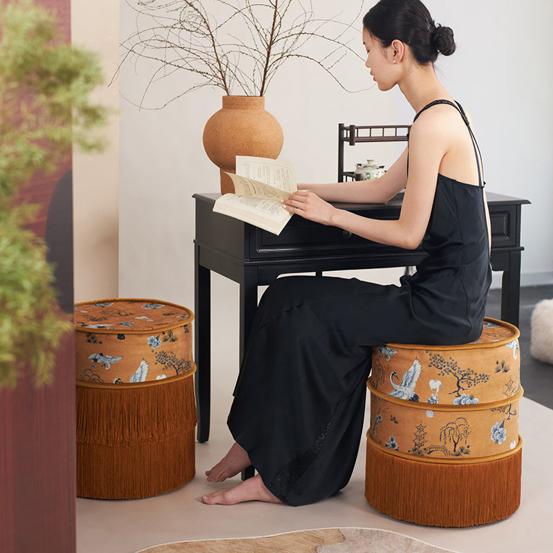 Chinese Chenille Pine Wood Vanity Stool