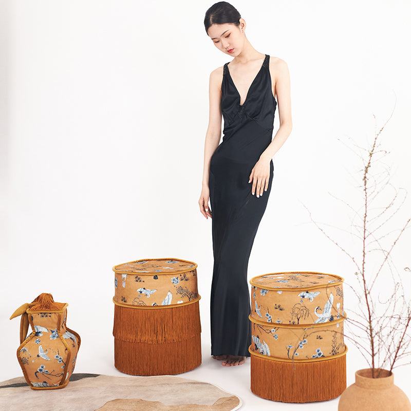 Chinese Chenille Pine Wood Vanity Stool