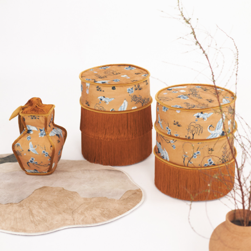 Chinese Chenille Pine Wood Vanity Stool
