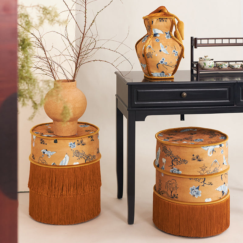 Chinese Chenille Pine Wood Vanity Stool