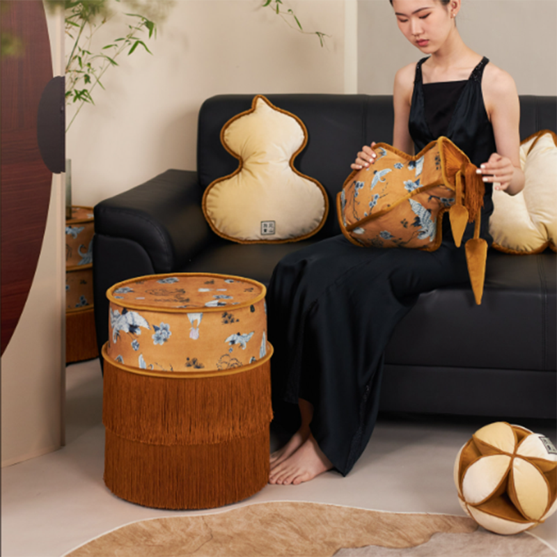 Chinese Chenille Pine Wood Vanity Stool