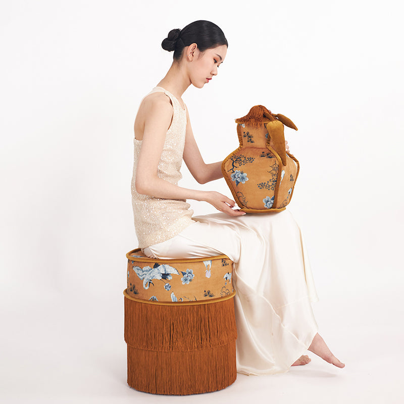 Chinese Chenille Pine Wood Vanity Stool