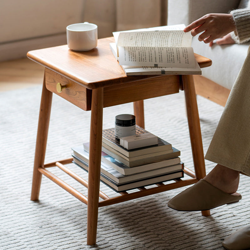 Rustic Cherry Wood Side Table with Drawer