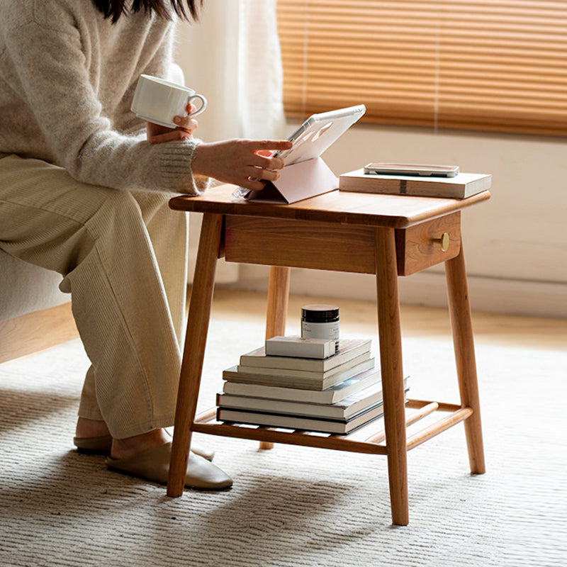 Rustic Cherry Wood Side Table with Drawer