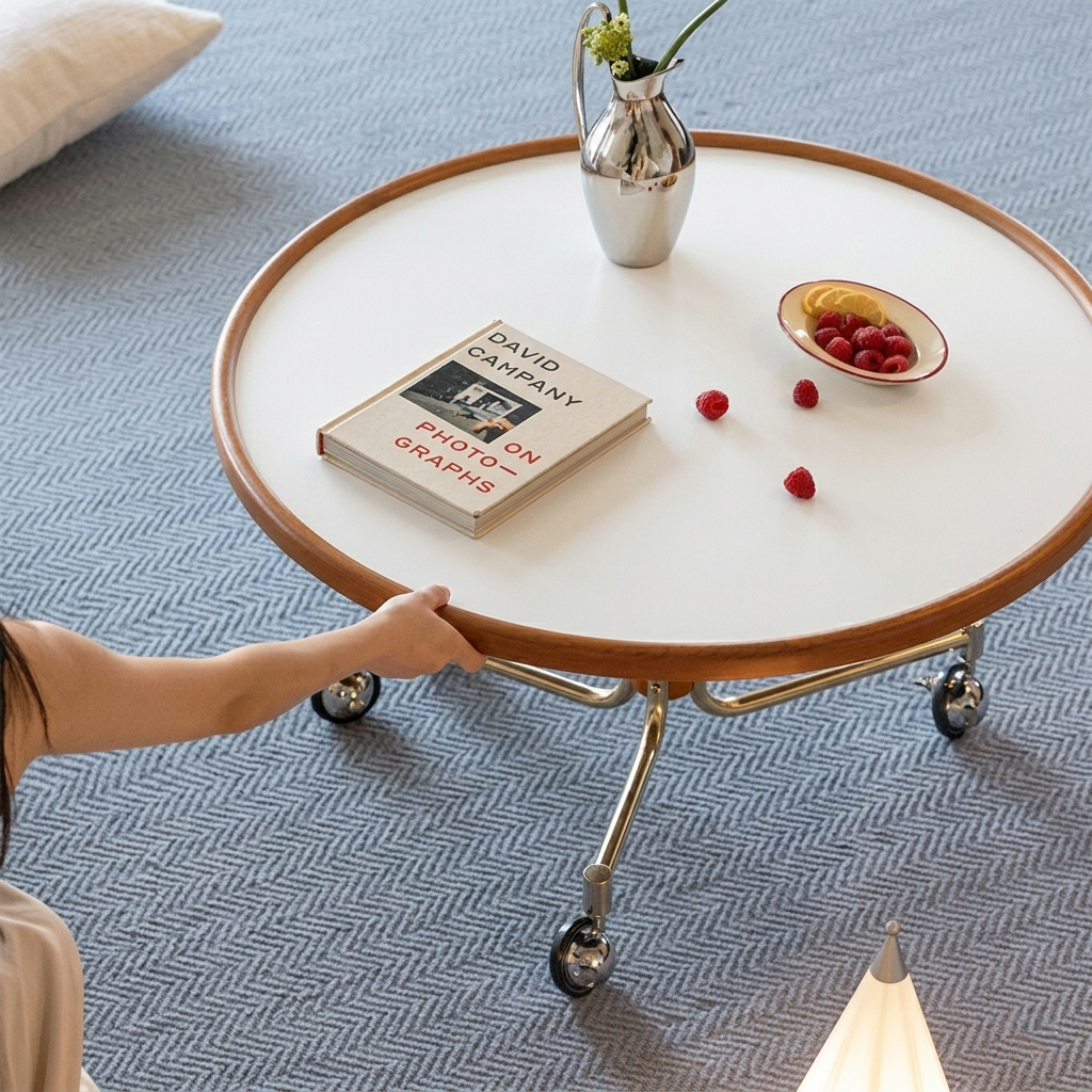 Round Movable Cherry Wood Coffee Table