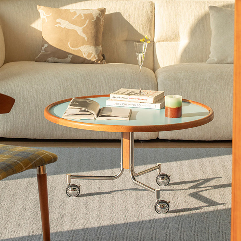 Round Movable Cherry Wood Coffee Table