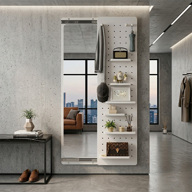 Wall Mirror with Sliding Pegboard Storage & Hooks