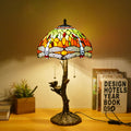 Traditional Tiffany Dragonfly Flower Stained Glass Bird Base 2-Light Table Lamp For Bedroom