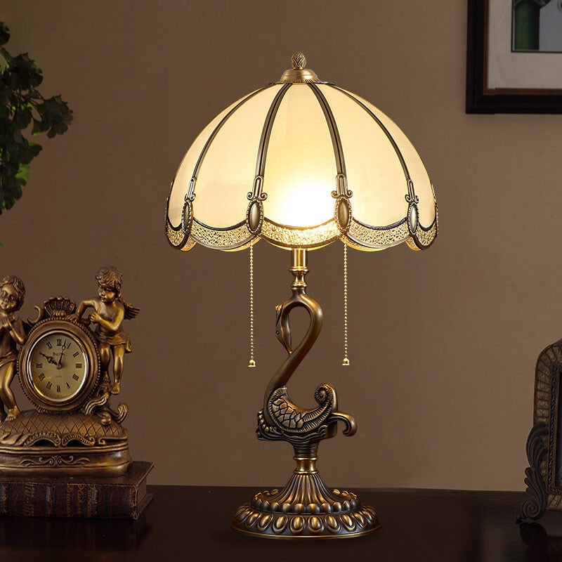 Traditional European Stained Glass Swan Base Copper 2-Light Table Lamp for Bedroom Home Office