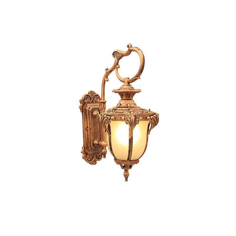 European Retro Aluminum Glass Carved Lantern 1-Light Outdoor Waterproof Wall Sconce Lamp