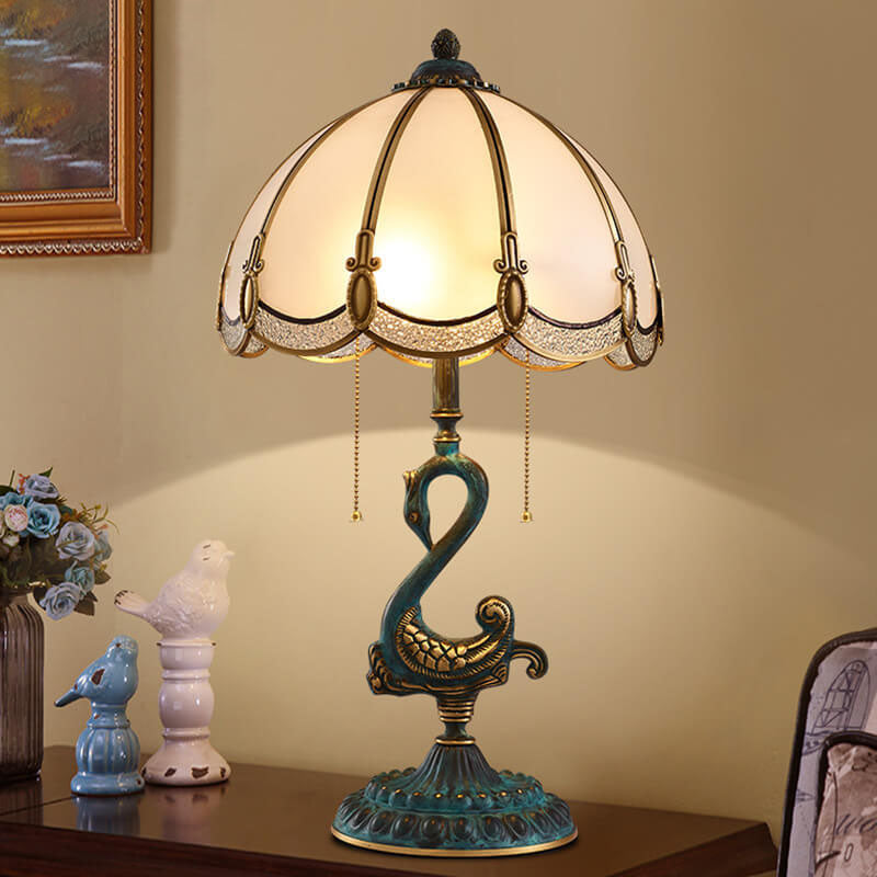 Traditional European Stained Glass Swan Base Copper 2-Light Table Lamp for Bedroom Home Office