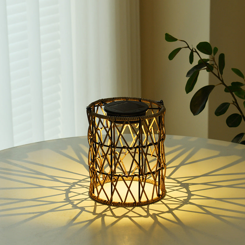 Solar Outdoor Rattan Weaving Cylinder Waterproof LED Garden Table Lamp