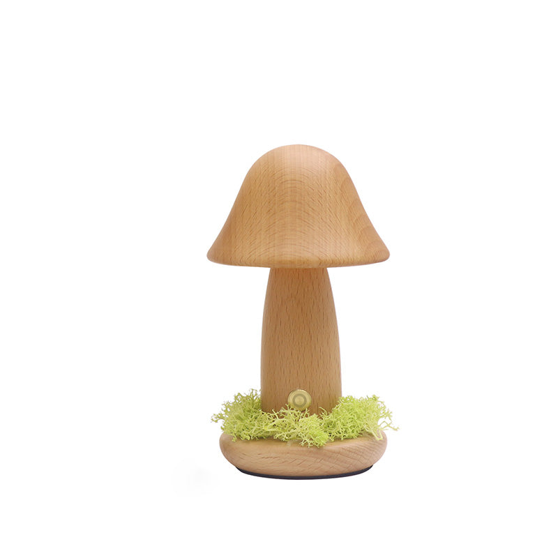 Modern Art Deco Mushroom Round Beech Wood LED Table Lamp For Bedroom