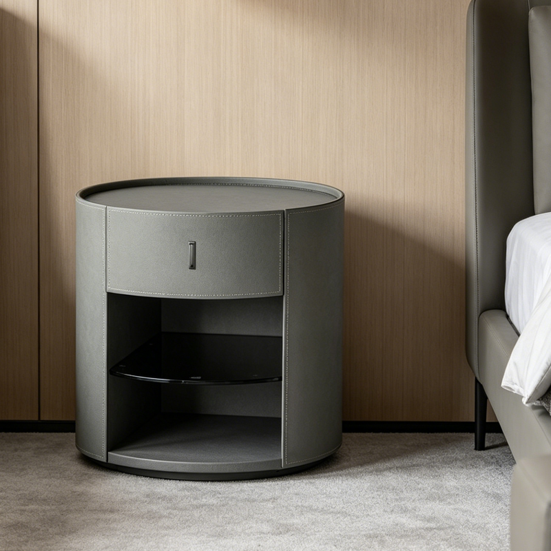 Round Leather Nightstand