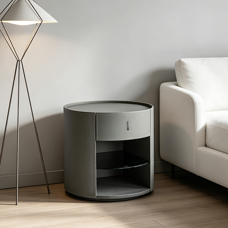 Round Leather Nightstand