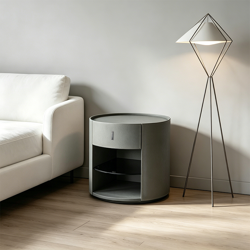 Round Leather Nightstand
