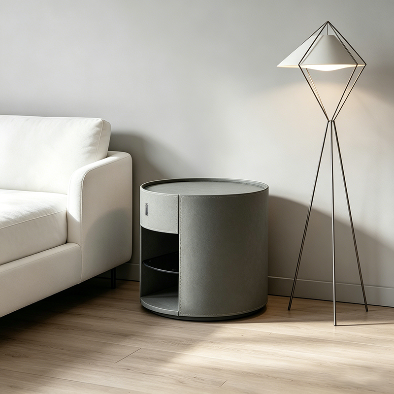 Round Leather Nightstand