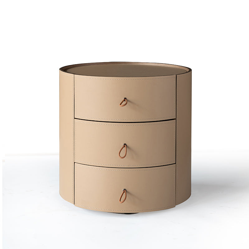 Beige Leather 3-Drawer Nightstand