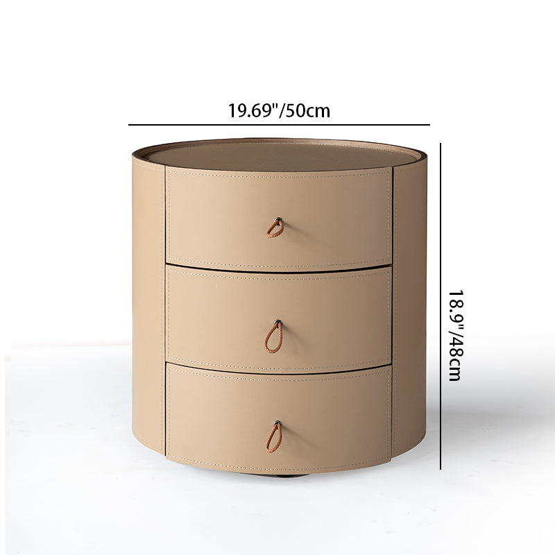 Beige Leather 3-Drawer Nightstand