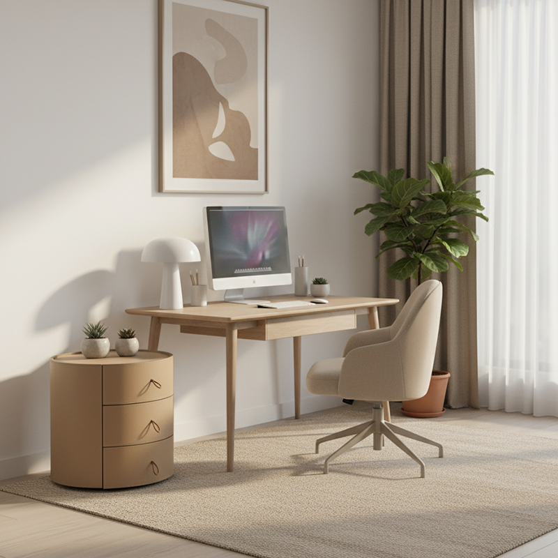 Beige Leather 3-Drawer Nightstand