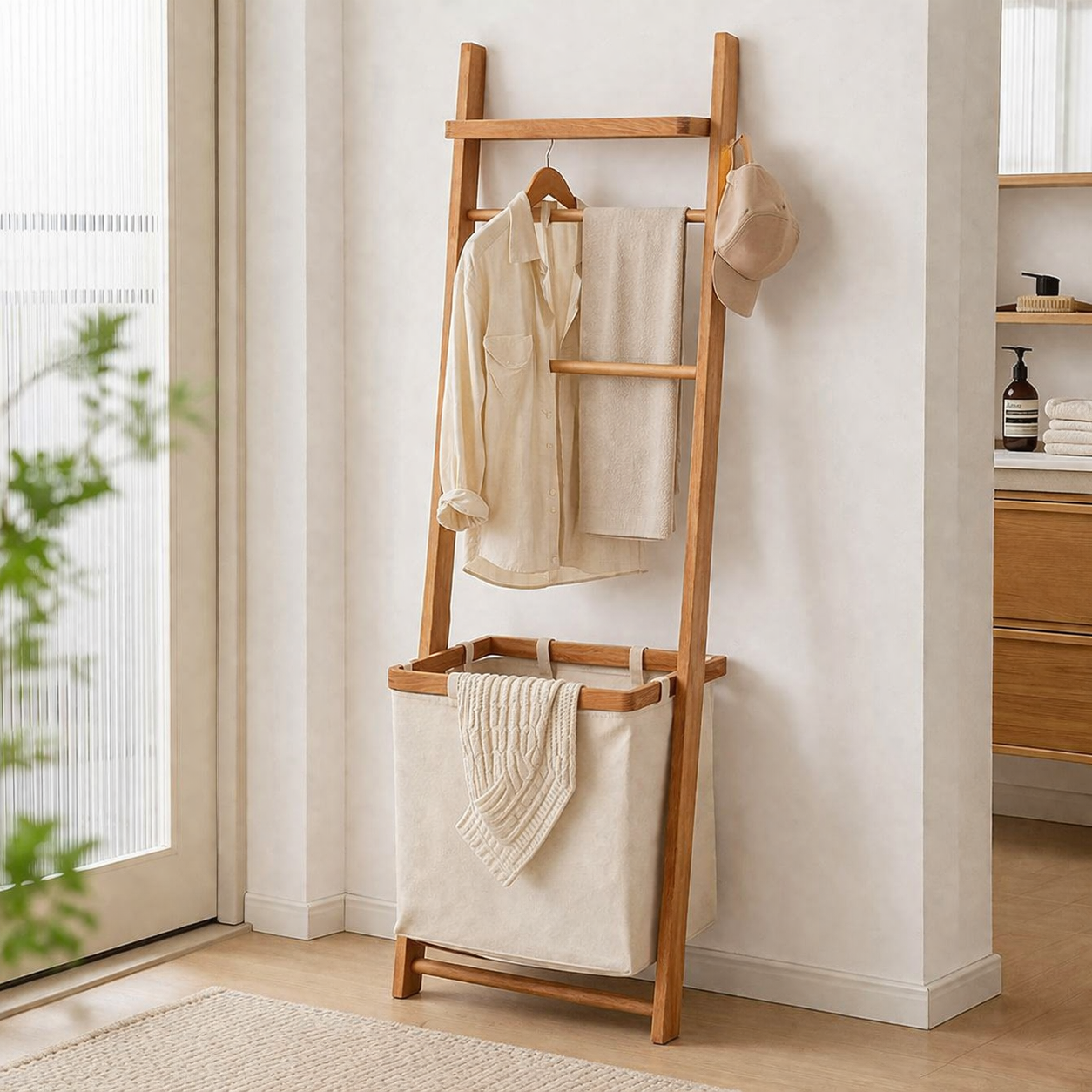 Wood Garment Rack Hall Tree With Basket