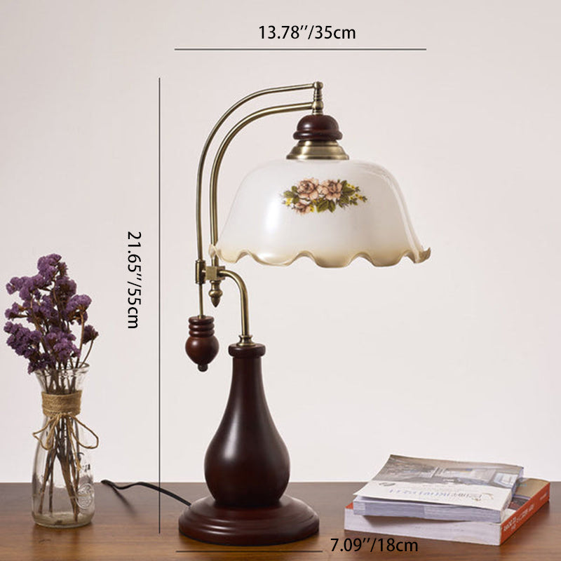 Traditional Vintage Floral Glass Rubberwood Copper Base 1-Light Table Lamp For Bedroom