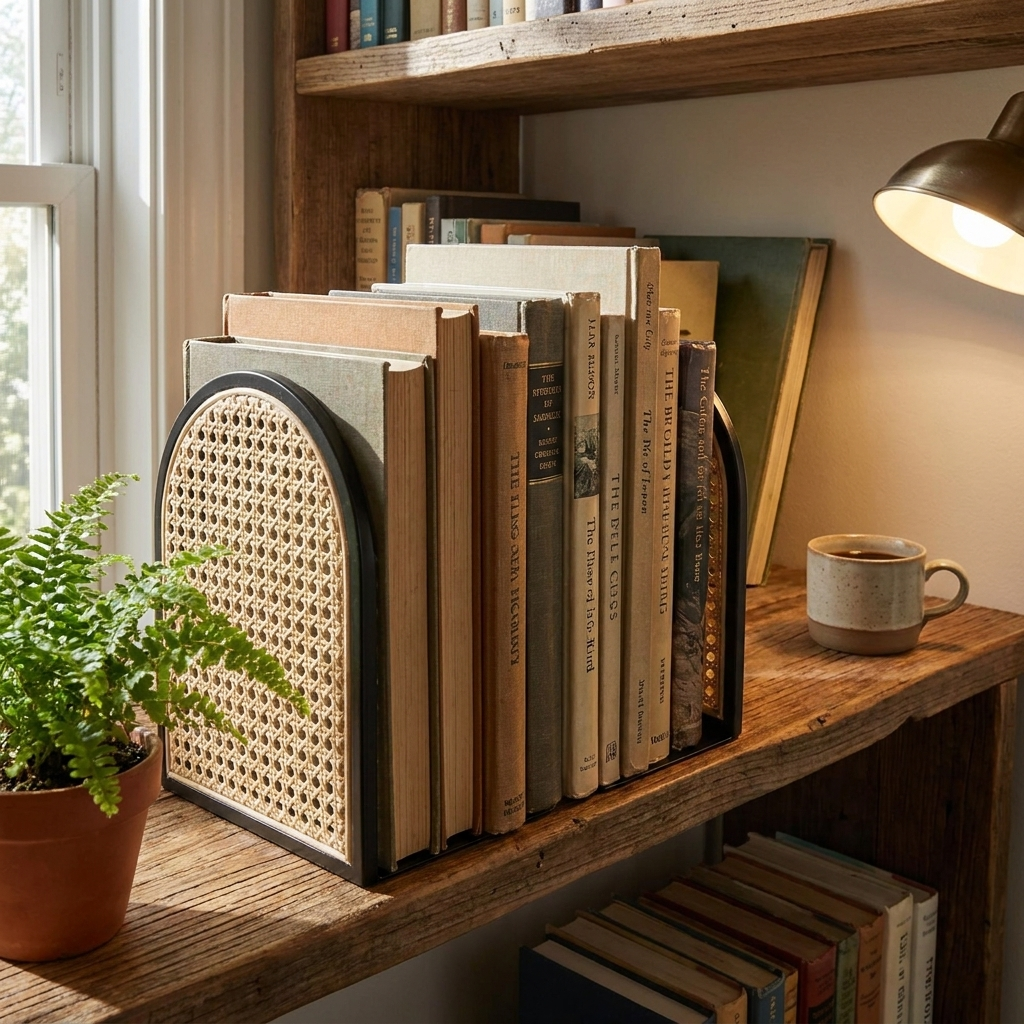 Rattan bookshelf lifestyle
