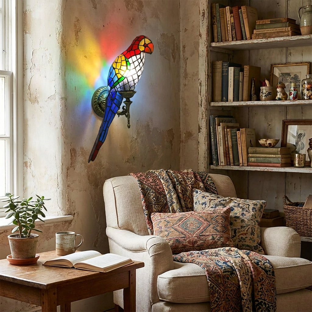 Tiffany parrot wall sconce lifestyle