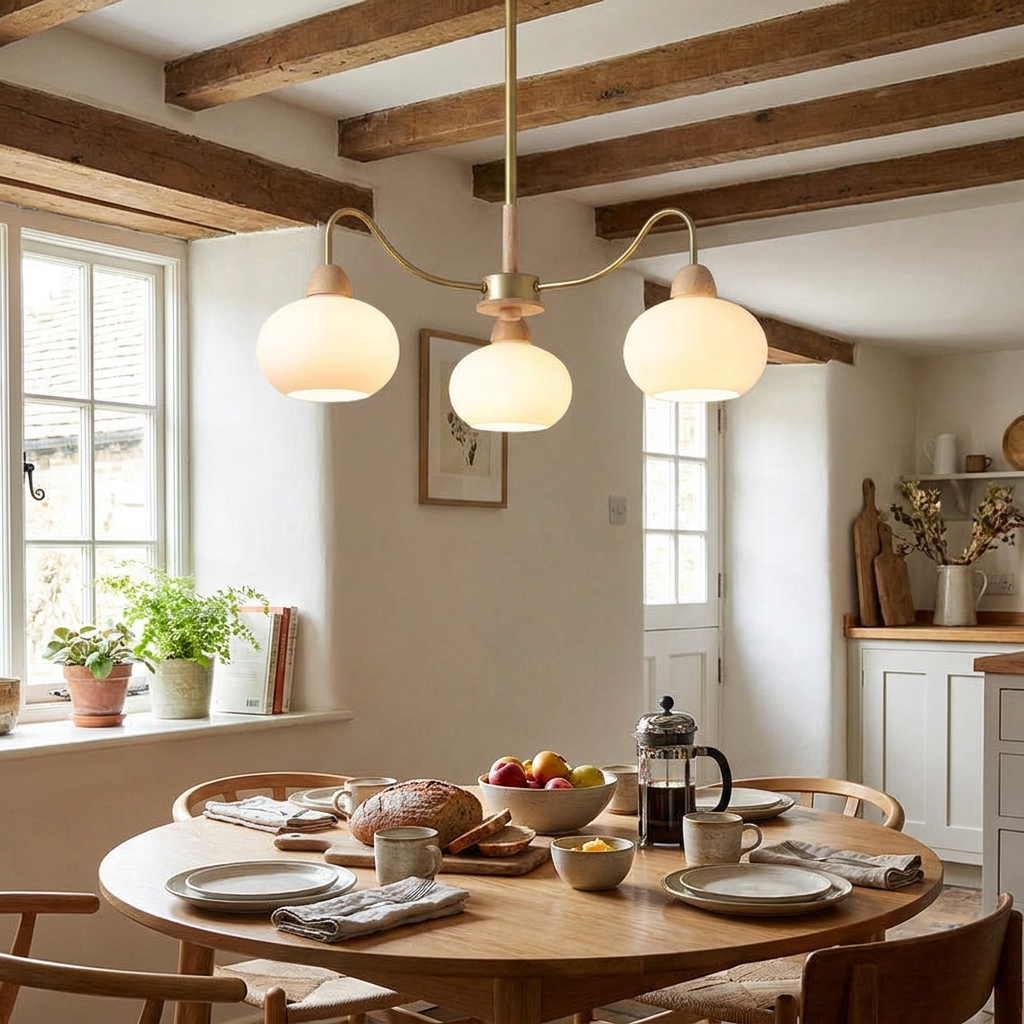 Round wood chandelier lifestyle