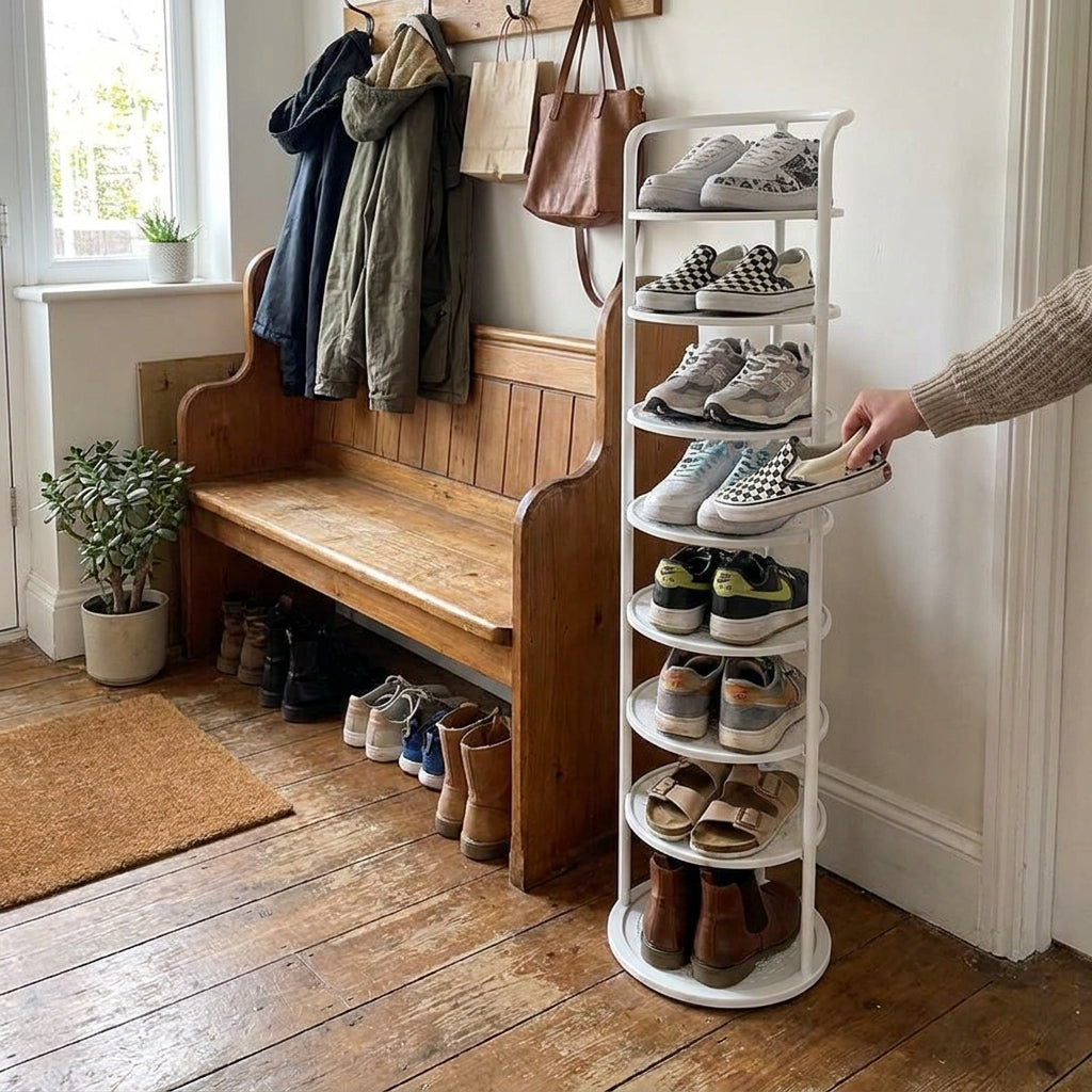 Round iron shoe storage shelf lifestyle