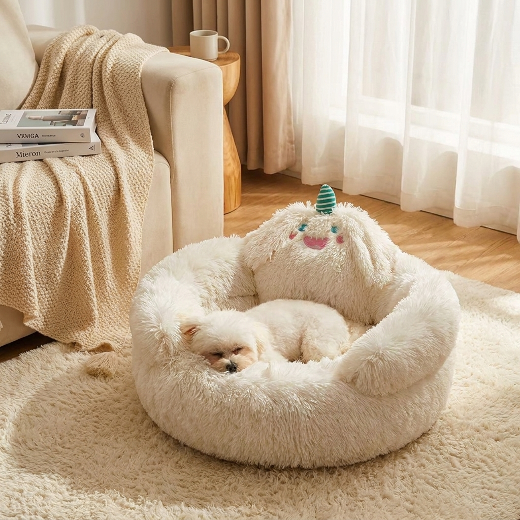 Round Velvet Cartoon Cat Bed